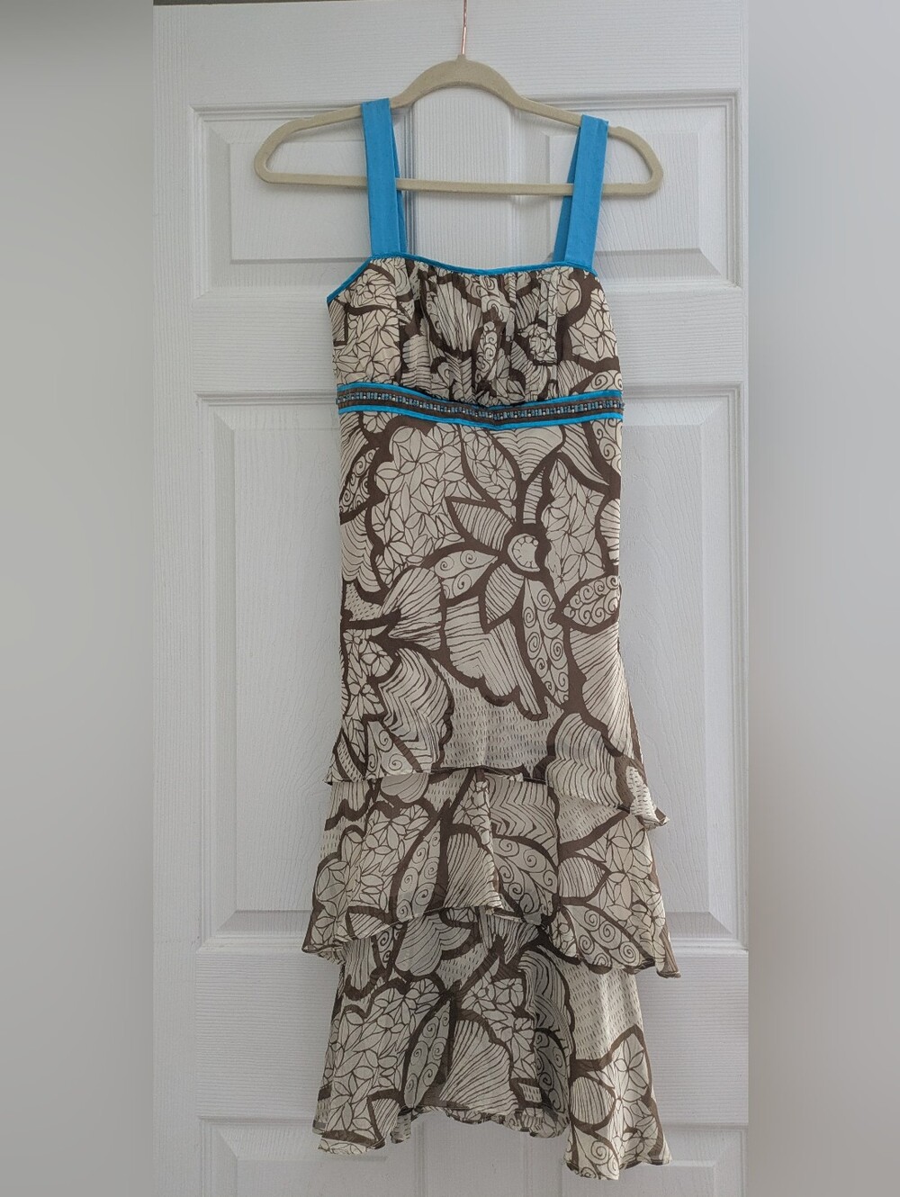 Sangria‎ Blue Brown & Beige Floral Paisley Beaded Sleeveless Silk Sun Dress 8